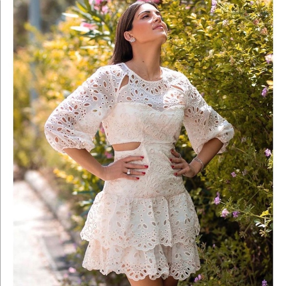 Back on stock fully 🤍Maje BEIGE Women's Rivage Cutout Eyelet Mini Dress